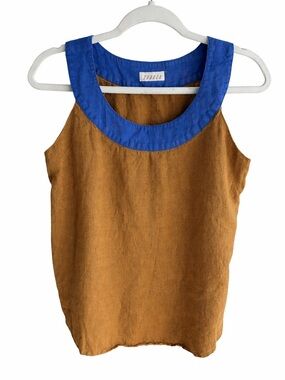 Tobria 100% Linen Tank Top Brown Blue Trim Size 6